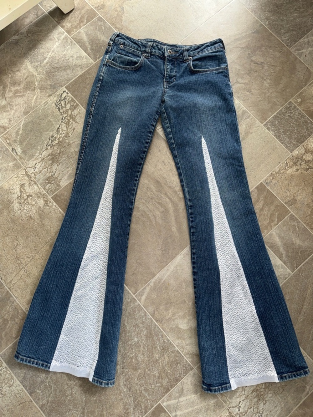 VTG 90s Brody Dark Blue Flare Jeans w/ White Panel Inserts | Custom Boho Y2K